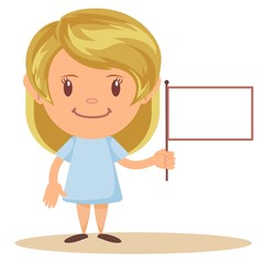 Young beautiful blonde holding blank white flag - board sign over white background. Stock flat vector illustration.