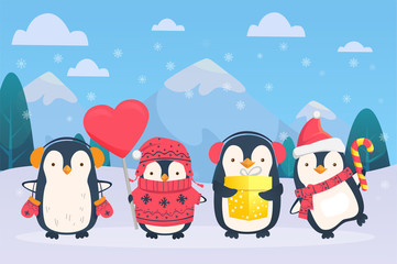 christmas penguins on snowy background