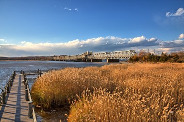 Railroad bridge over the Connecticut river in late autumn