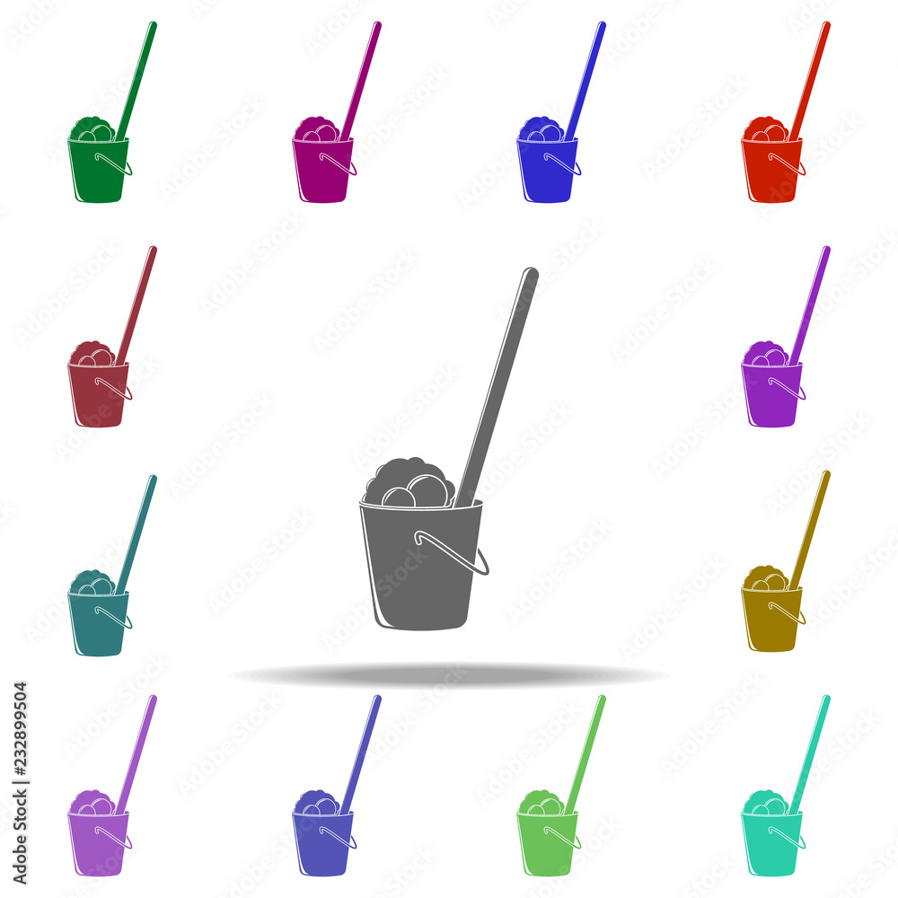 Poster bucket with foam and mop icon. elements of cleaners in multi color style icons. simple icon for webs