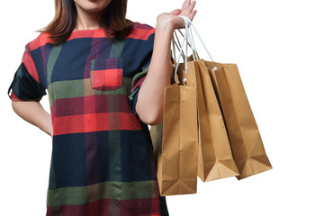 Shopping close up asian woman holding bags, isolated on white background, Copy space with clipping...