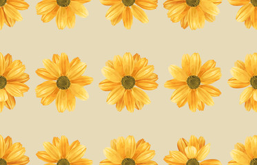 Printable seamless vintage repeat pattern background with yellow chrysanthemum flowers. Botanical wallpaper, raster illustration in super High resolution.