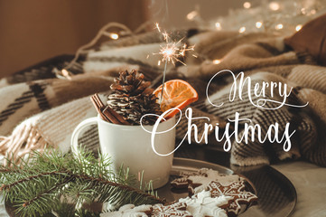 cup with cones and dry orange with sparkler, fir branch, cookies, cozy knitted blanket. Merry Christmas greeting card is ready