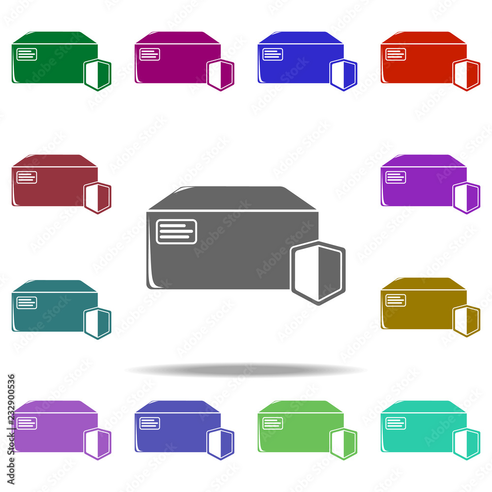 Poster box with shield icon. elements of logistic in multi color style icons. simple icon for websites, web