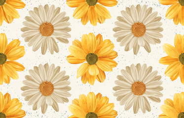 Printable seamless vintage repeat pattern background with yellow chrysanthemum and white daisies. Botanical wallpaper, raster illustration in super High resolution.