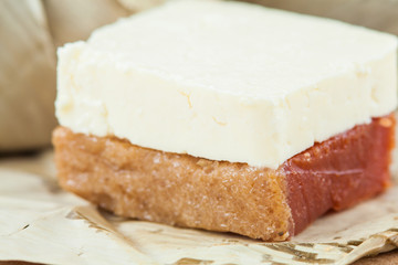 Traditional Colombian sweet from the Velez town in Santander called Bocadillo served with white cheese