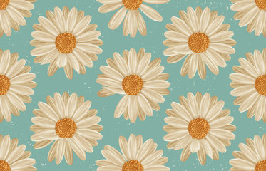 Printable seamless vintage repeat pattern background with white daisies. Botanical wallpaper, raster illustration in super High resolution.