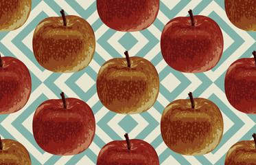 Printable seamless vintage autumn repeat pattern background with red apple. Botanical wallpaper, raster illustration in super High resolution.