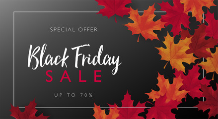 Black Friday sale banner with frame and maple leaves. Vector illustration template for for sale promotion, banner, poster, flyer, leaflet, web banner, social media and graphic use.