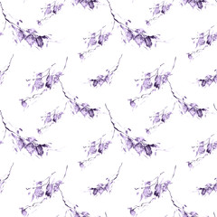 Fototapeta na wymiar Watercolor background with a pattern of purple leaves, abstract, decorative branches of birch, linden, aspen. Watercolor drawing, a branch of a birch, an apple-tree, a cherry, a poplar with leaves. 
