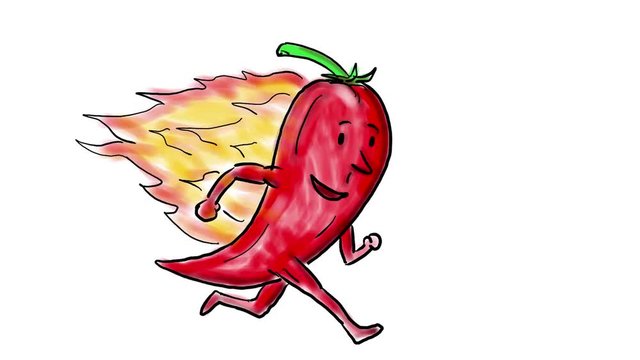 2d Animation motion graphics showing a drawing of a red fiery flaming chili pepper on fire burning in flames running on white and green screen with alpha matte in HD high definition.