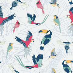 Tropical pattern with birds, parrots and tropic leaves. A bright, juicy summer.