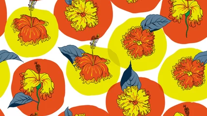 Fotobehang Floral seamless pattern, hand drawn hibiscus flowers and leaves in circle shape on white background, yellow and orange tones © momosama