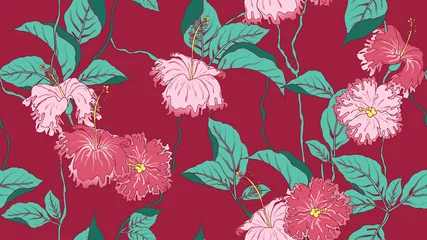 Foto op Aluminium Floral seamless pattern, hand drawn hibiscus flowers and leaves on pink background, pink and green tones © momosama