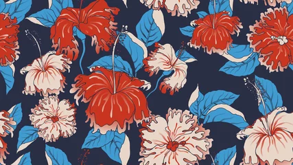 Foto op Canvas Floral seamless pattern, hand drawn hibiscus flowers and leaves on dark blue background, red, pink and blue tones © momosama