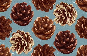Printable seamless vintage autumn repeat pattern background with pine cone. Botanical wallpaper, raster illustration in super High resolution.