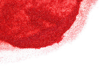 Red glitter texture on white background. Copy space