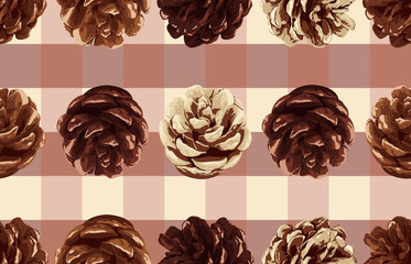 Printable seamless vintage autumn repeat pattern background with pine cone. Botanical wallpaper, raster illustration in super High resolution.