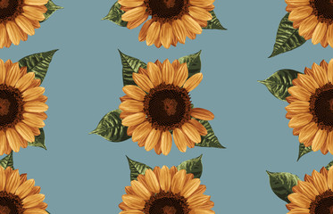 Printable seamless vintage autumn repeat pattern background with sunflowers. Botanical wallpaper, raster illustration in super High resolution.