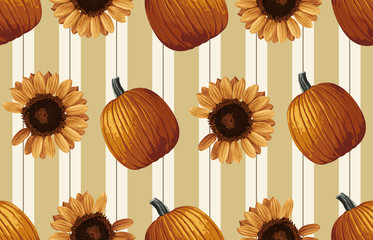 Printable seamless vintage autumn repeat pattern background with pumpkins and sunflowers. Botanical wallpaper, raster illustration in super High resolution.