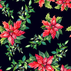 Watercolor poinsettia, green twig on a black background.