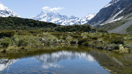 Fototapeta na wymiar View of the highest peak of New Zealand - Mt. Cook, Hooker Valley Track