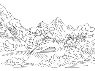 Naklejka premium Rafting boat travel graphic black white landscape sketch illustration vector