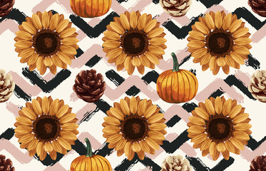 Printable seamless vintage autumn repeat pattern background with pine cones, pinecones and sunflowers. Botanical wallpaper, raster illustration in super High resolution.