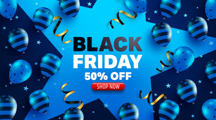 Black Friday Sale Promotion Poster or banner with balloons  concept.Special offer 50% off sale.Promotion and shopping template for Black Friday