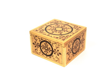 Wooden box for jewelry square shape. Handwork. on a white background.