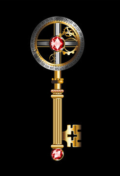 Vector antique golden key on a blac background. Vintage key.