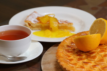 traditional lemon pie with tea