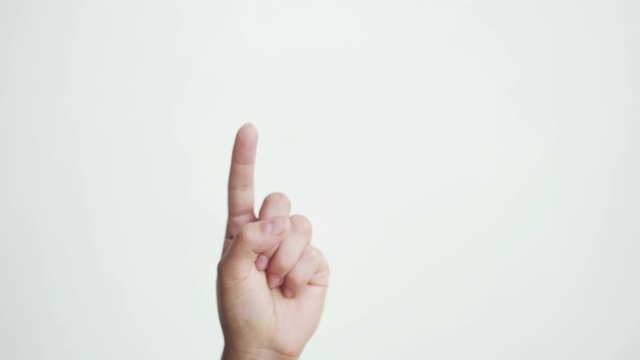 Close up of isolated female hand shows of five hand touchscreen gestures on white background. 3840x2160