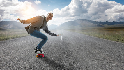 Teenager girl ride her skateboard. Mixed media