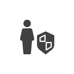 Man and shield vector icon. filled flat sign for mobile concept and web design. User security profile simple solid icon. Symbol, logo illustration. Pixel perfect vector graphics