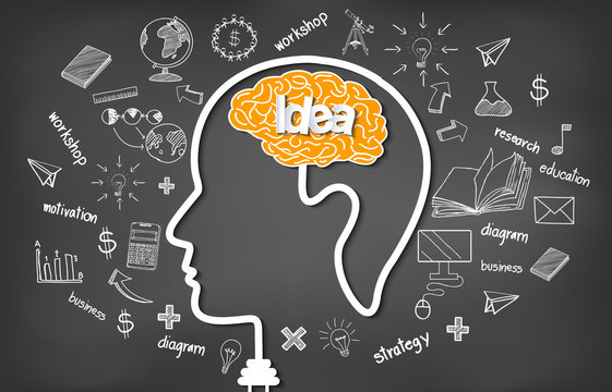 Human brain head creativity icon. sparking idea in business. on blackboard background vector illustration