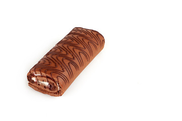 Chocolate biscuit roll cake isolated on white background.