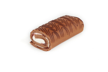 Chocolate biscuit roll cake isolated on white background.