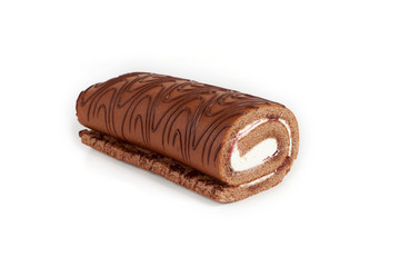 Chocolate biscuit roll cake isolated on white background.