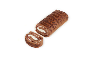 Chocolate biscuit roll cake isolated on white background.