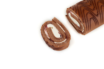 Chocolate biscuit roll cake isolated on white background.