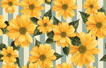 Printable seamless vintage repeat pattern background with yellow chrysanthemum flowers. Botanical wallpaper, raster illustration in super High resolution.