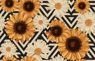  Afdrukbare naadloze vintage herfst herhalen patroon achtergrond met madeliefjes en zonnebloemen. Botanisch behang, rasterillustratie in superhoge resolutie. © Karmina