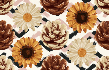 Printable seamless vintage autumn repeat pattern background with daisies, pine cones, and sunflowers. Botanical wallpaper, raster illustration in super High resolution.
