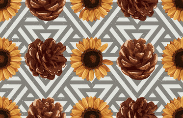 Printable seamless vintage autumn repeat pattern background with pine cones and sunflowers. Botanical wallpaper, raster illustration in super High resolution.