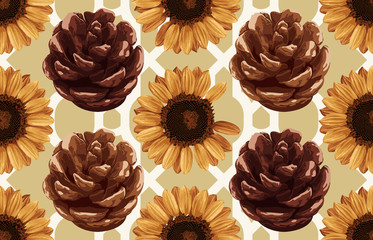 Printable seamless vintage autumn repeat pattern background with pine cones and sunflowers. Botanical wallpaper, raster illustration in super High resolution.