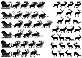 Collection of silhouettes of different species of red deer and deer sleds