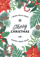 Engraving Christmas card with winter plants and berries. 