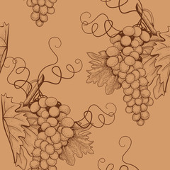 seamless pattern with sketch bunch of grapes on a branch