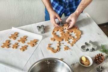 Christmas food Man cooking gingerbread cookies home kitchen Xmas dessert